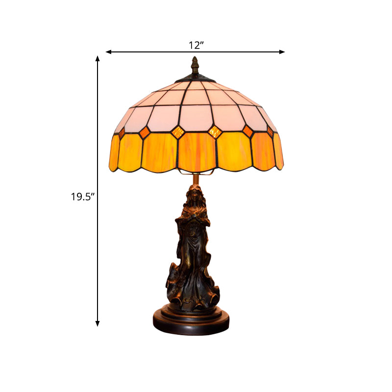 Resin Bronze Night Stand Light Angel Girl 1 Head Vintage Table Lamp with Orange and White Grid Glass Shade