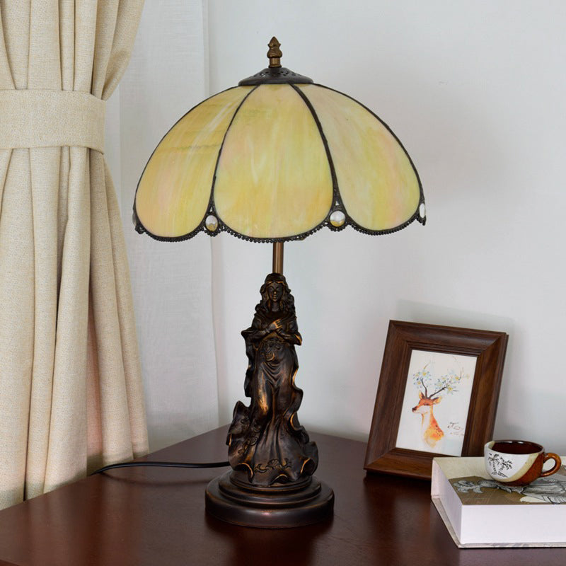 Baroque Petals Nightstand Lamp Single-Bulb Yellow Glass Table Lighting with Carved Lady Base