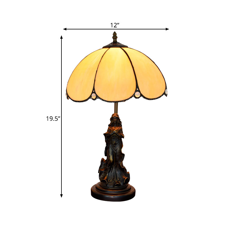 Baroque Petals Nightstand Lamp Single-Bulb Yellow Glass Table Lighting with Carved Lady Base