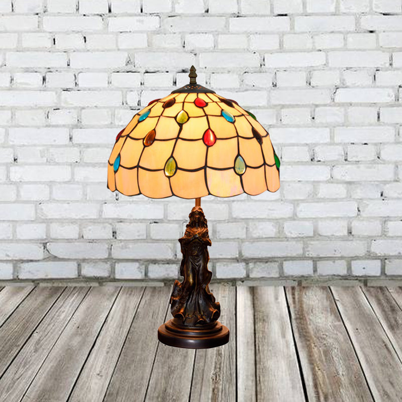 Cabochons-Embellished Grid Night Light 1-Light White/Beige Glass Tiffany Table Lamp with Angel Decor