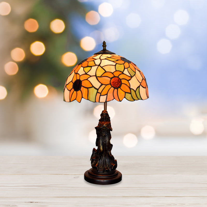 Sunflower Orange Glass Table Light Victorian Style 1 Head Bronze Nightstand Lamp with Resin Maid Base