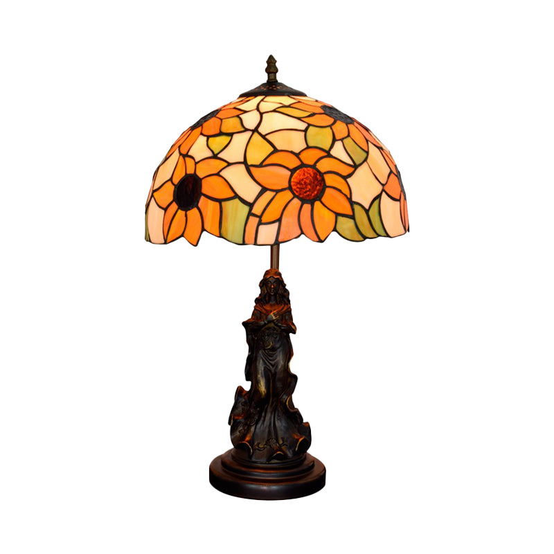 Sunflower Orange Glass Table Light Victorian Style 1 Head Bronze Nightstand Lamp with Resin Maid Base