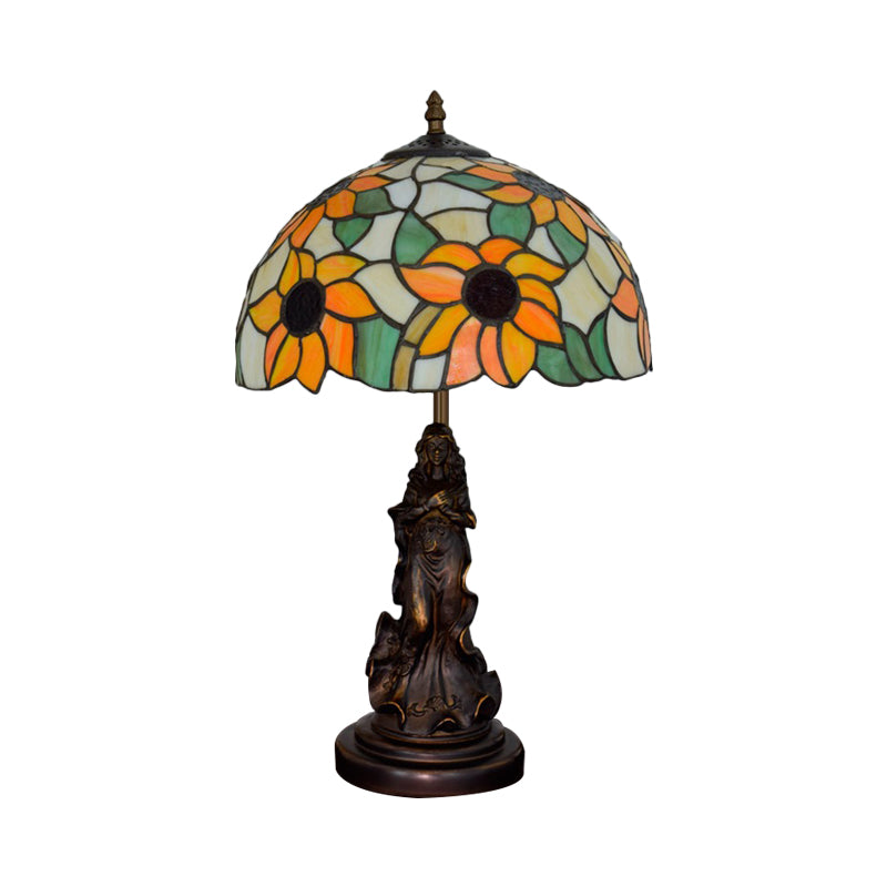 Sunflower Orange Glass Table Light Victorian Style 1 Head Bronze Nightstand Lamp with Resin Maid Base