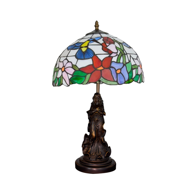 Magpie/Flower Patterned Dome Night Lamp Tiffany White/Beige Stained Glass 1 Head Bronze Table Light with Angel Pedestal