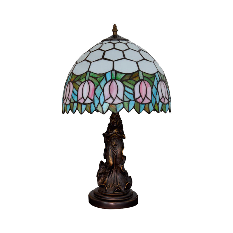 1 Bulb Honeycomb Shade Table Light Tiffany Bronze Stained Glass Nightstand Lamp with Rose Edge and Angel Base