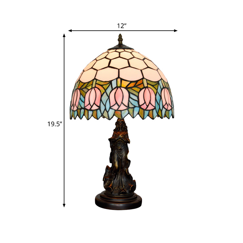 1 Bulb Honeycomb Shade Table Light Tiffany Bronze Stained Glass Nightstand Lamp with Rose Edge and Angel Base