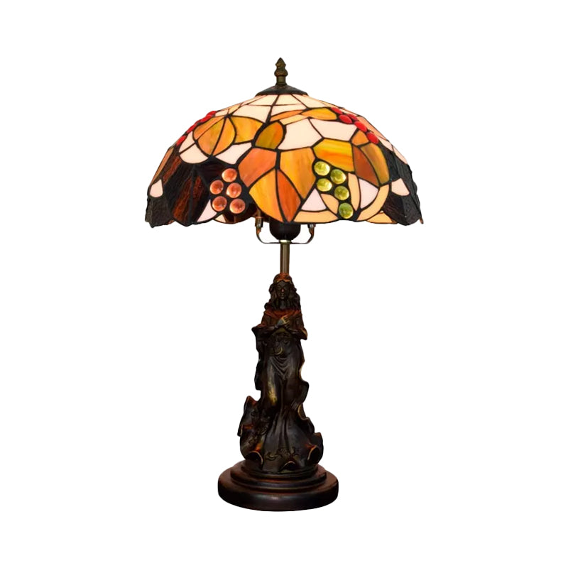 Tiffany Glass Grapes Table Lamp Baroque 1-Bulb Brown/Green/White-Brown Night Stand Light with Girl Base