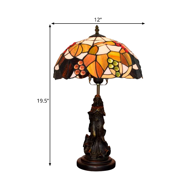 Tiffany Glass Grapes Table Lamp Baroque 1-Bulb Brown/Green/White-Brown Night Stand Light with Girl Base