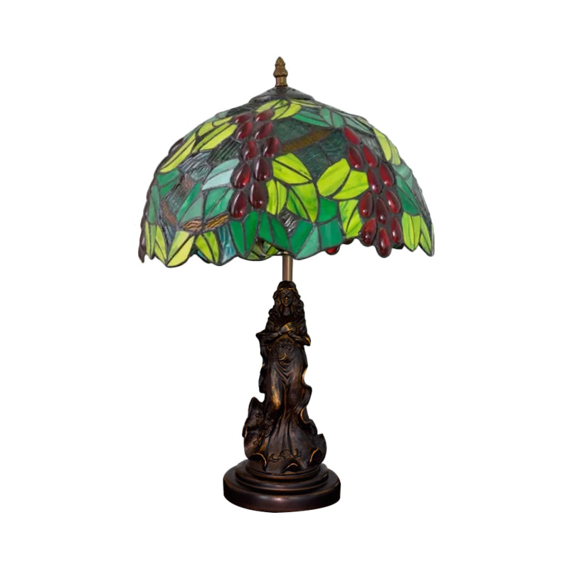 Tiffany Glass Grapes Table Lamp Baroque 1-Bulb Brown/Green/White-Brown Night Stand Light with Girl Base