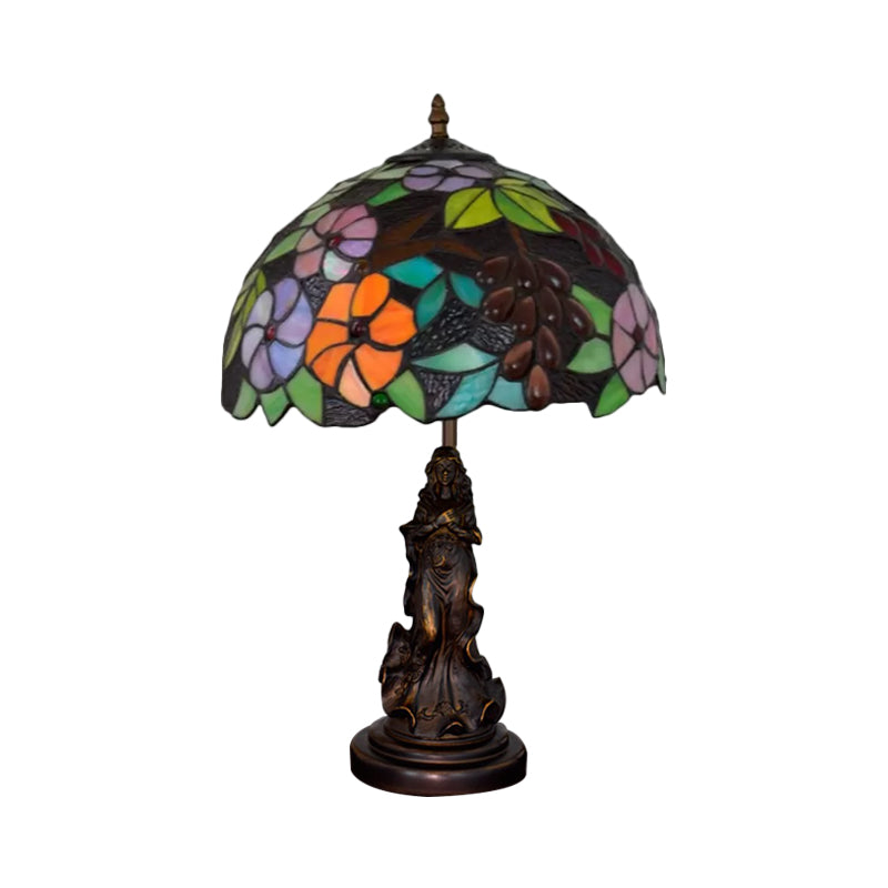 Tiffany Glass Grapes Table Lamp Baroque 1-Bulb Brown/Green/White-Brown Night Stand Light with Girl Base