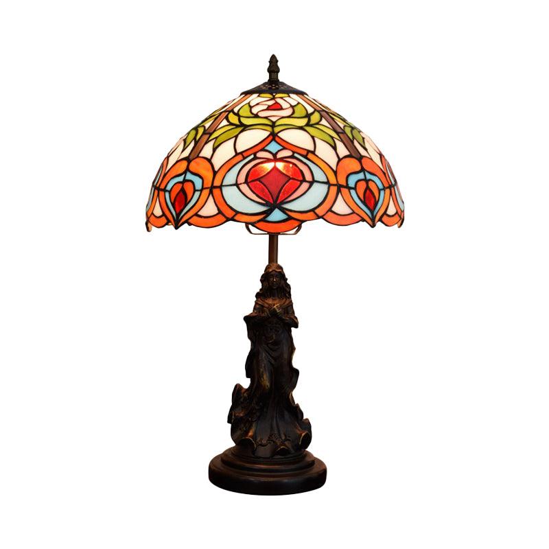 Carved Angel Resin Night Lamp Victorian 1-Light Bronze Table Lighting with Peach Patterned Art Glass Shade