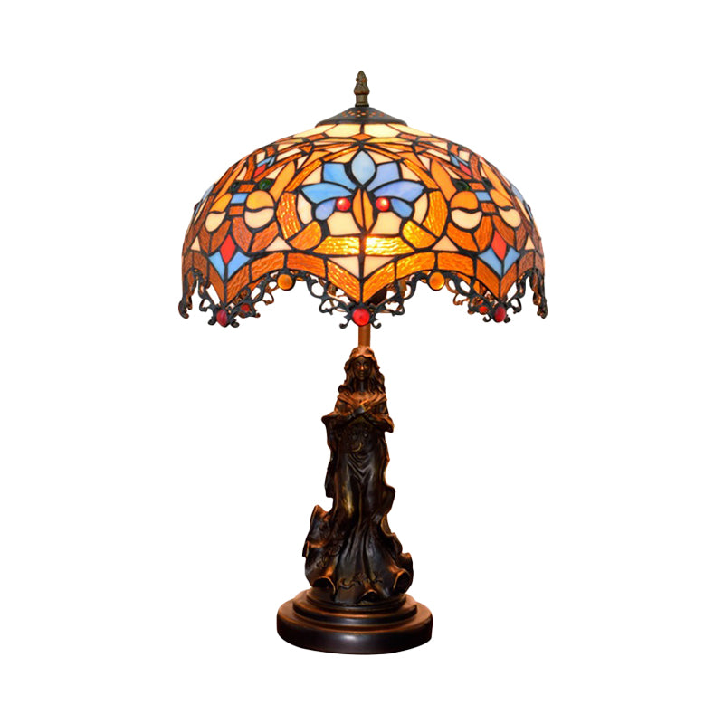 Scroll-Trim Scalloped Night Light Tiffany Stained Glass 1 Head Bronze Table Lighting with Parrot Pattern