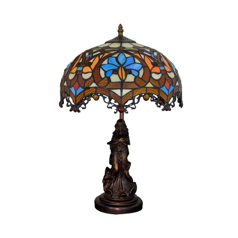 Scroll-Trim Scalloped Night Light Tiffany Stained Glass 1 Head Bronze Table Lighting with Parrot Pattern