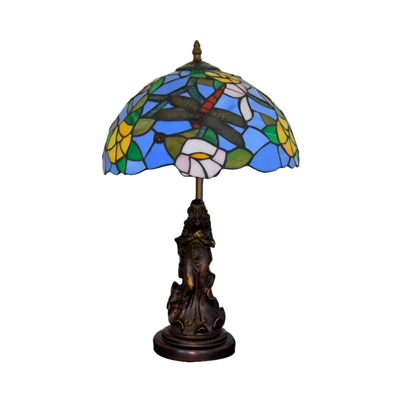 Mediterranean Dragonfly-Flower Table Lamp Single Blue/Yellow/Blue-White Night Stand Light with Angel Pedestal