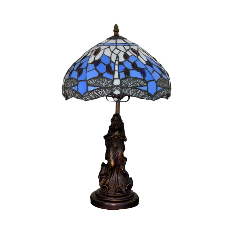 Mediterranean Dragonfly-Flower Table Lamp Single Blue/Yellow/Blue-White Night Stand Light with Angel Pedestal