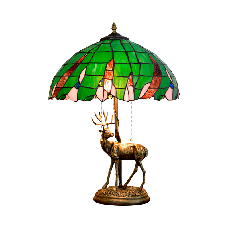 Bronze Deer Pull-Chain Night Lamp Vintage 2-Head Resin Table Light with Green Palm Leaf Glass Shade