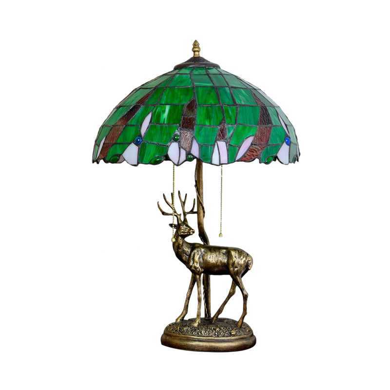 Bronze Deer Pull-Chain Night Lamp Vintage 2-Head Resin Table Light with Green Palm Leaf Glass Shade