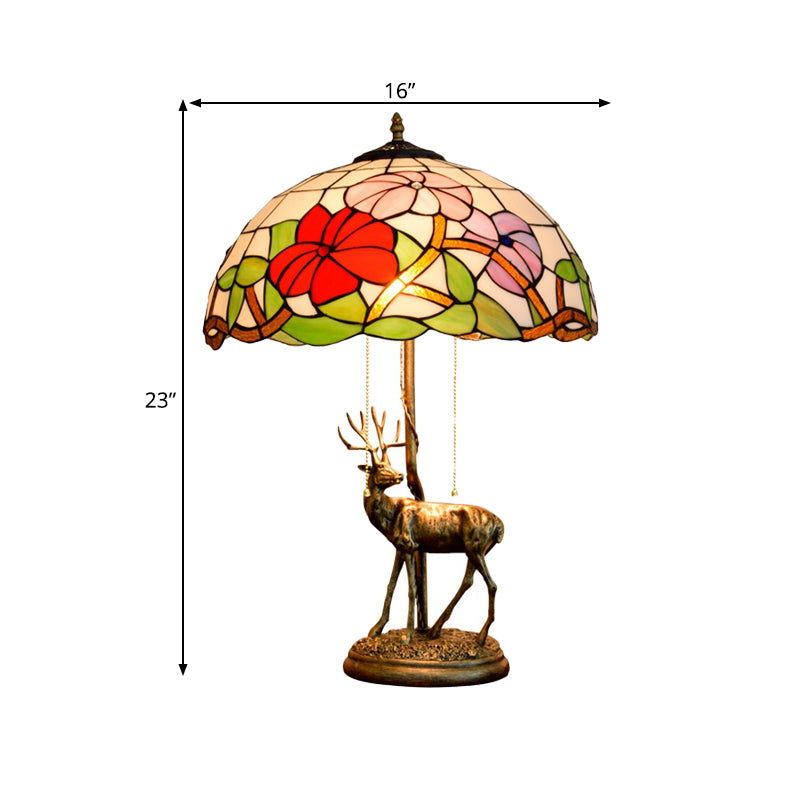 Red/Orange Glass Floral Nightstand Lamp Tiffany 2-Bulb Bronze Table Lighting with Sika Deer Statue and Pull Chain