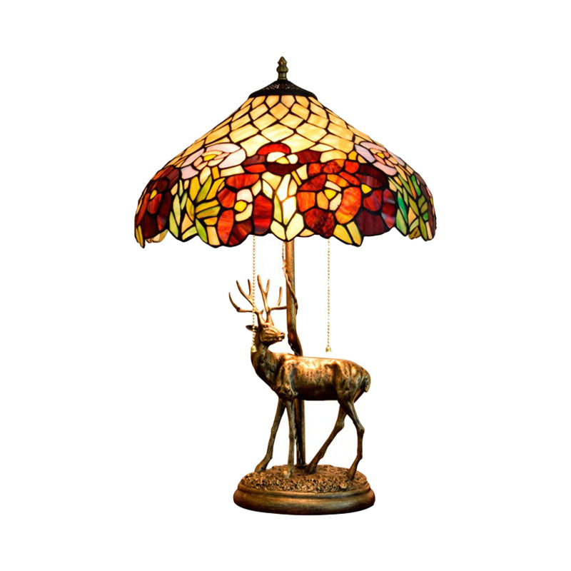 2 Lights Tapered Flower-Trim Table Lamp Tiffany Bronze Stained Glass Pull-Chain Night Light with Sculptured Elk