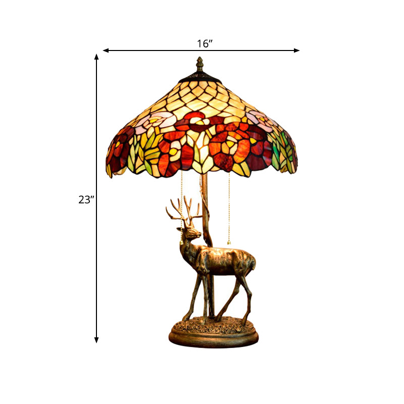 2 Lights Tapered Flower-Trim Table Lamp Tiffany Bronze Stained Glass Pull-Chain Night Light with Sculptured Elk