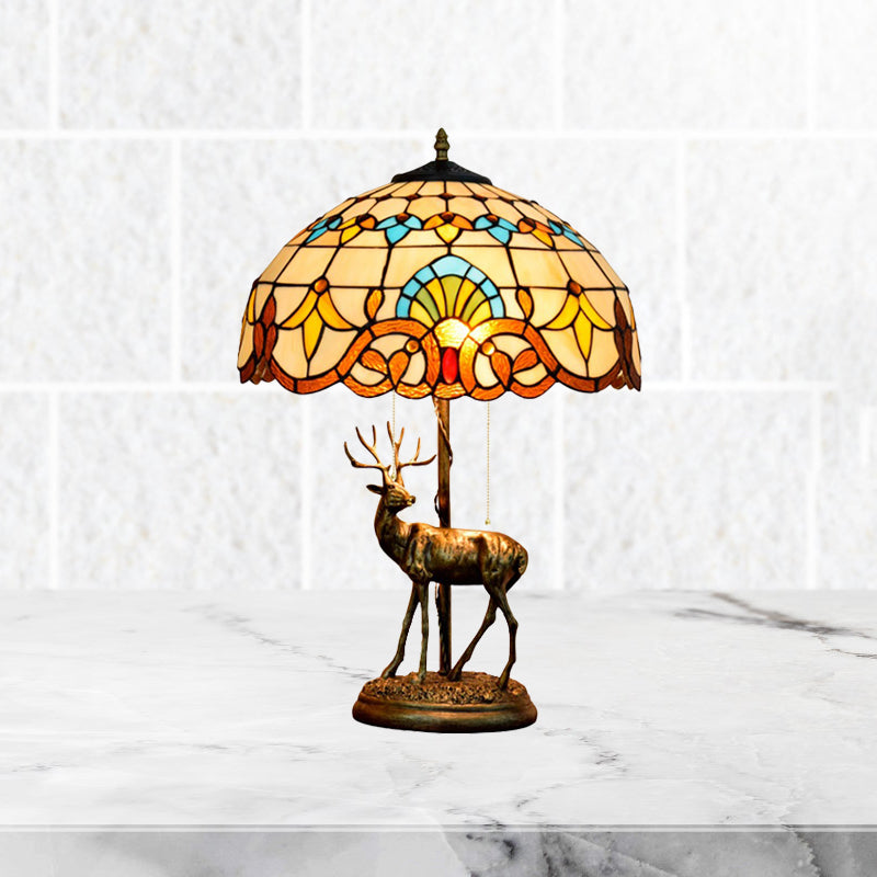 2-Light Parrot Pull Chain Table Lighting Tiffany Beige/Blue-White Stained Glass Night Stand Lamp with Deer Decoration