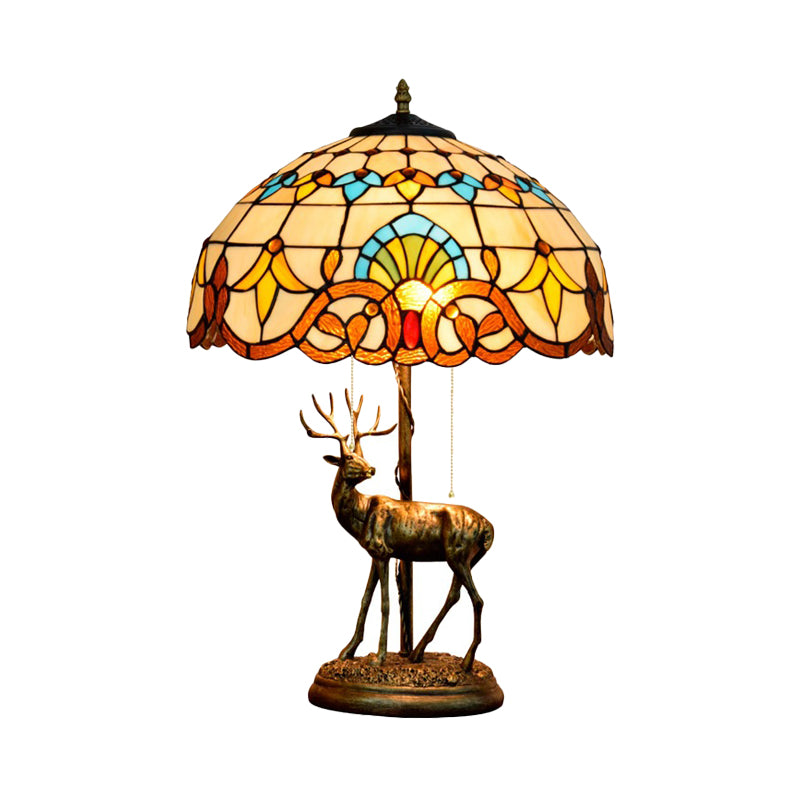 2-Light Parrot Pull Chain Table Lighting Tiffany Beige/Blue-White Stained Glass Night Stand Lamp with Deer Decoration