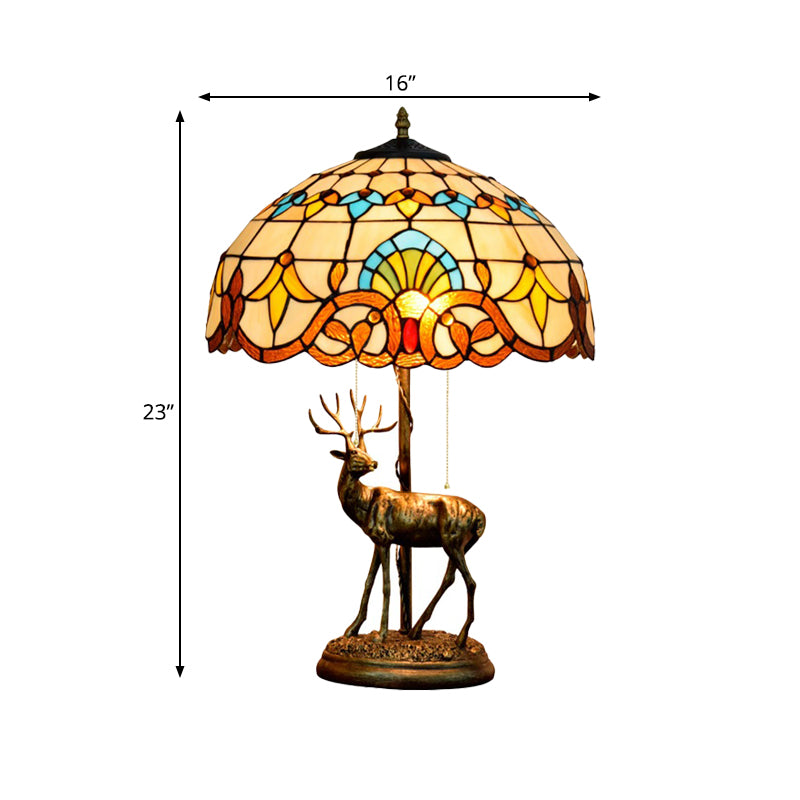 2-Light Parrot Pull Chain Table Lighting Tiffany Beige/Blue-White Stained Glass Night Stand Lamp with Deer Decoration