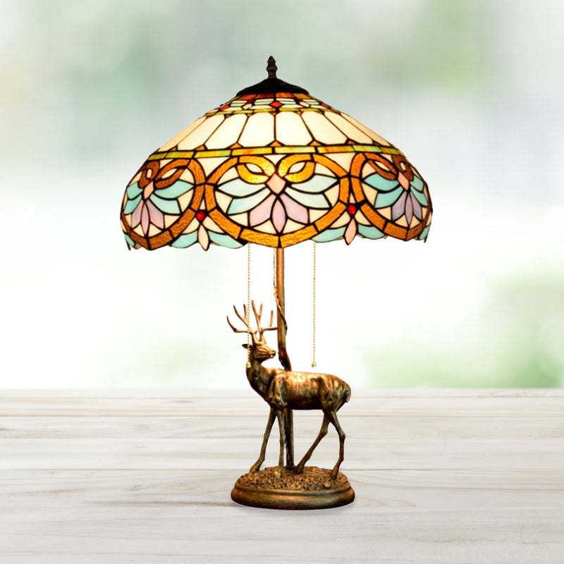 2-Light Parrot Pull Chain Table Lighting Tiffany Beige/Blue-White Stained Glass Night Stand Lamp with Deer Decoration