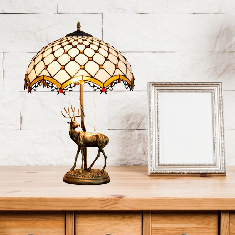 Wave-Edge Crisscross Shade Table Light 2-Head Yellow-White/Blue-Brown Tiffany Pull-Chain Night Lamp with Deer Base