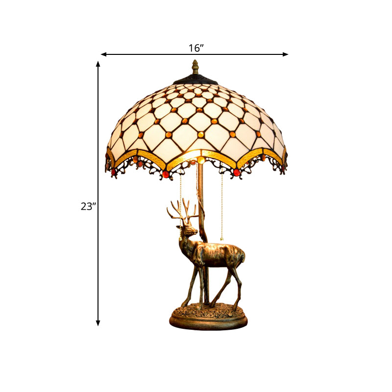 Wave-Edge Crisscross Shade Table Light 2-Head Yellow-White/Blue-Brown Tiffany Pull-Chain Night Lamp with Deer Base