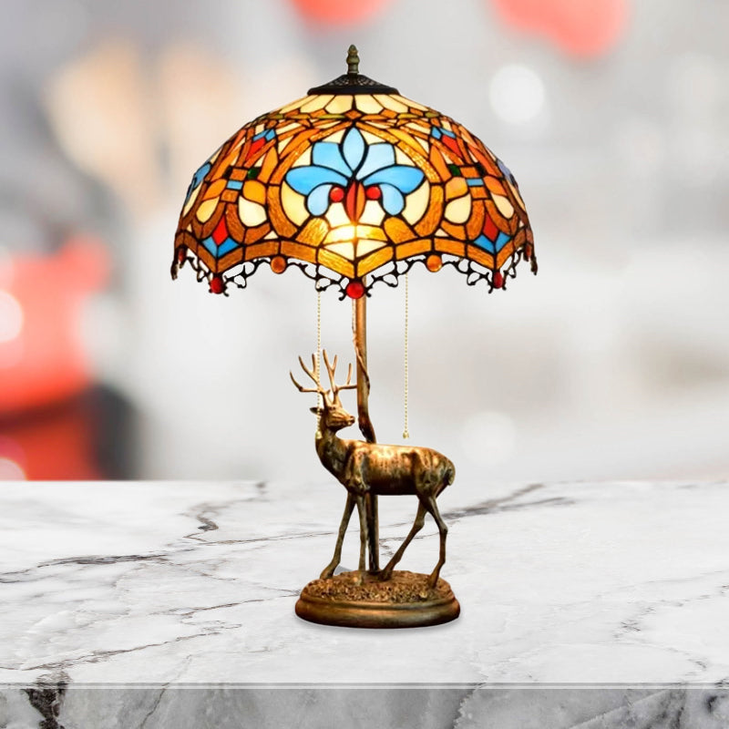 Wave-Edge Crisscross Shade Table Light 2-Head Yellow-White/Blue-Brown Tiffany Pull-Chain Night Lamp with Deer Base