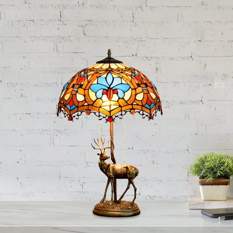 Wave-Edge Crisscross Shade Table Light 2-Head Yellow-White/Blue-Brown Tiffany Pull-Chain Night Lamp with Deer Base