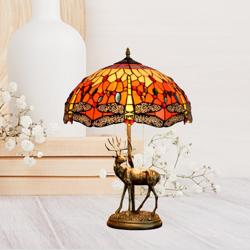 Dragonfly Stained Glass Night Light Mediterranean 2-Bulb Yellow/Orange/Green Table Lamp with Pull Chain and Elk Decor