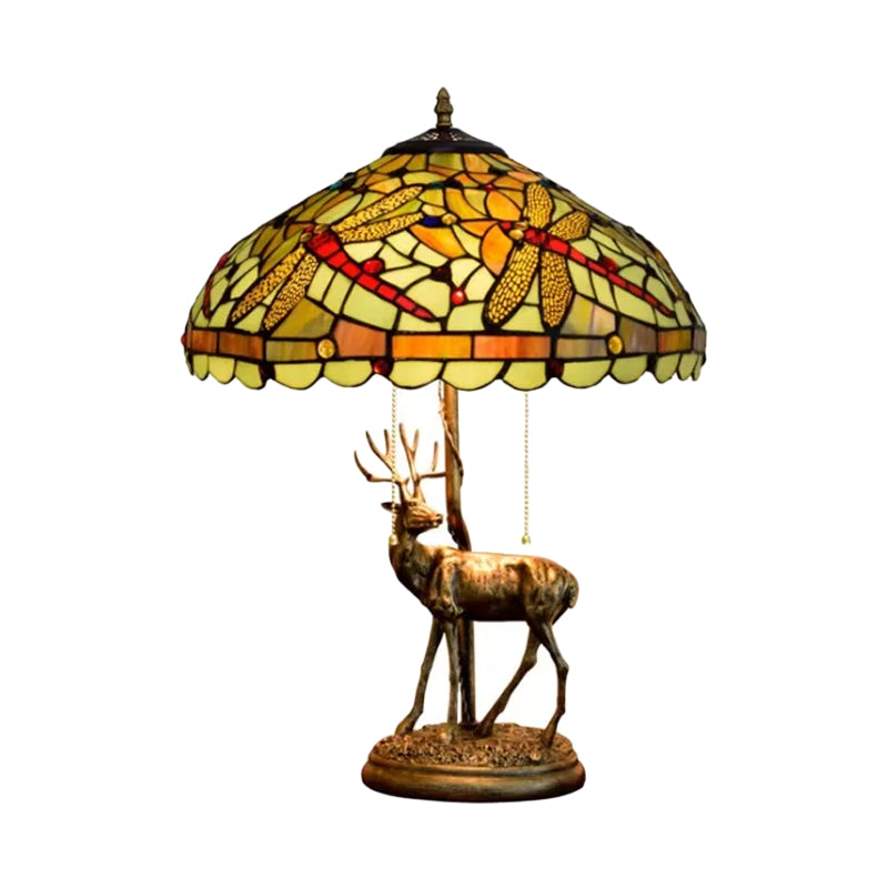 Dragonfly Stained Glass Night Light Mediterranean 2-Bulb Yellow/Orange/Green Table Lamp with Pull Chain and Elk Decor