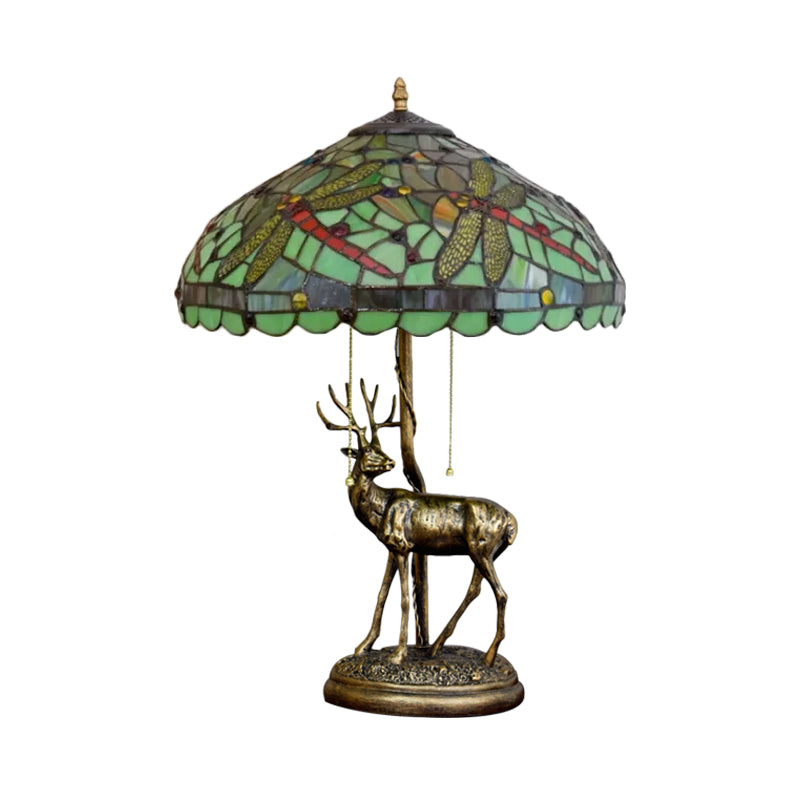 Dragonfly Stained Glass Night Light Mediterranean 2-Bulb Yellow/Orange/Green Table Lamp with Pull Chain and Elk Decor