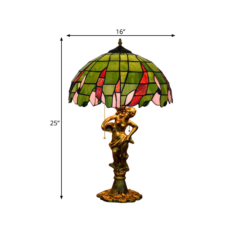 Bronze Lady Holding A Pot Table Light Tiffany 3-Light Resin Pull Chain Night Lamp with Jewel-Embellished Shade