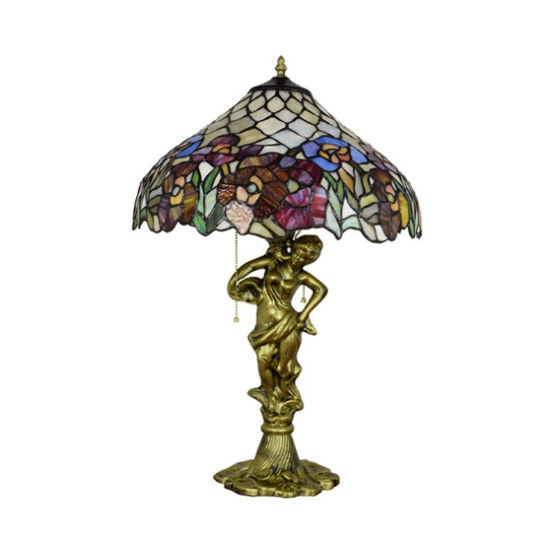 Roseborder Pointed Shade Table Lamp 3 Heads Stained Glass Victorian Night Light with Bronze Sculpture and Pull Chain