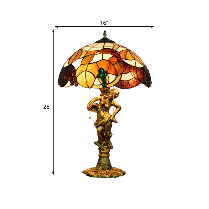 Resin Woman Carrying Pot Night Lamp Vintage 3 Bulbs Bronze Pull-Chain Table Lighting with Grapes Vine Tiffany Glass Shade