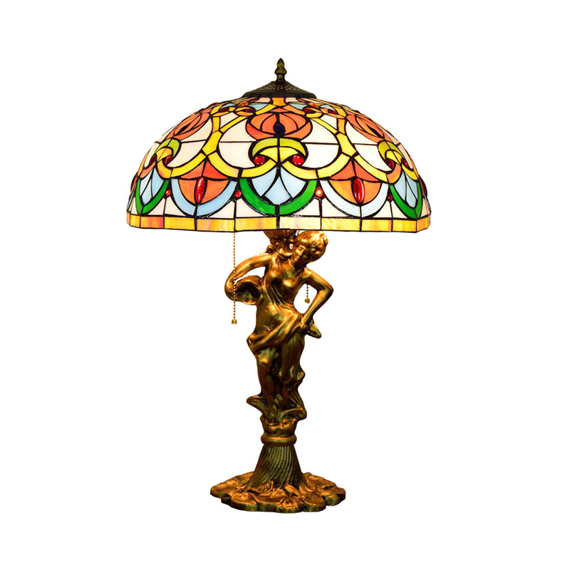 3-Bulb Night Stand Light Baroque Geometric Pattern Bowl Stained Glass Table Lamp with Fisher Girl Statue and Pull Chain