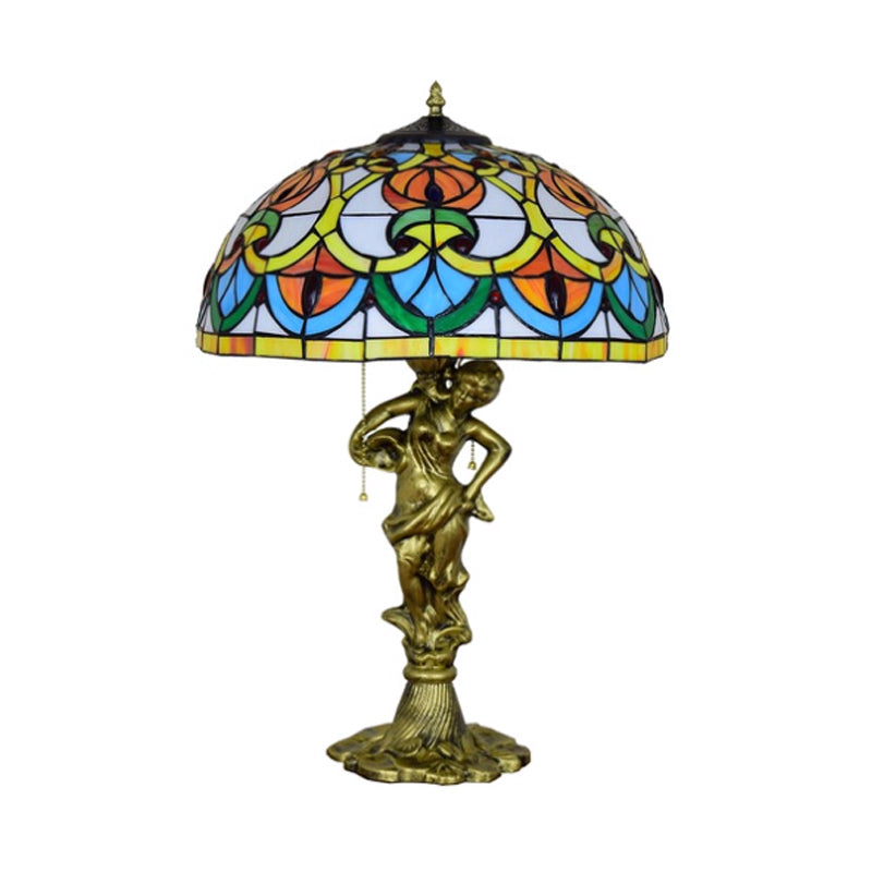 3-Bulb Night Stand Light Baroque Geometric Pattern Bowl Stained Glass Table Lamp with Fisher Girl Statue and Pull Chain