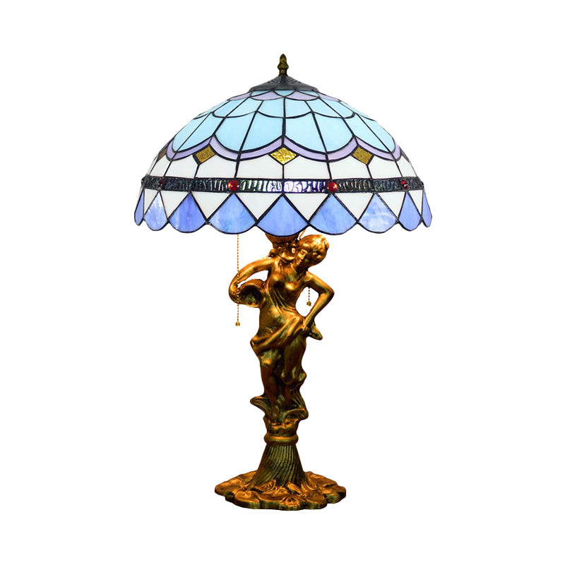 2 Heads Pull Chain Night Light Mediterranean Cone/Dome Beige/Blue-Brown Glass Table Lighting with Bronze Maid Base