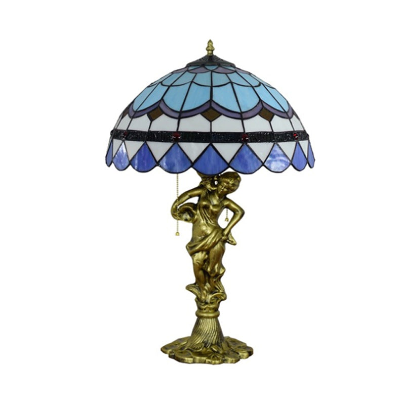 2 Heads Pull Chain Night Light Mediterranean Cone/Dome Beige/Blue-Brown Glass Table Lighting with Bronze Maid Base