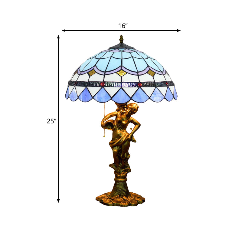 2 Heads Pull Chain Night Light Mediterranean Cone/Dome Beige/Blue-Brown Glass Table Lighting with Bronze Maid Base