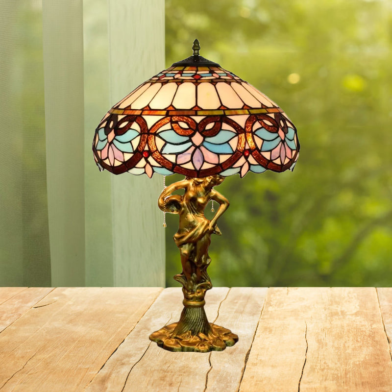 2 Heads Pull Chain Night Light Mediterranean Cone/Dome Beige/Blue-Brown Glass Table Lighting with Bronze Maid Base