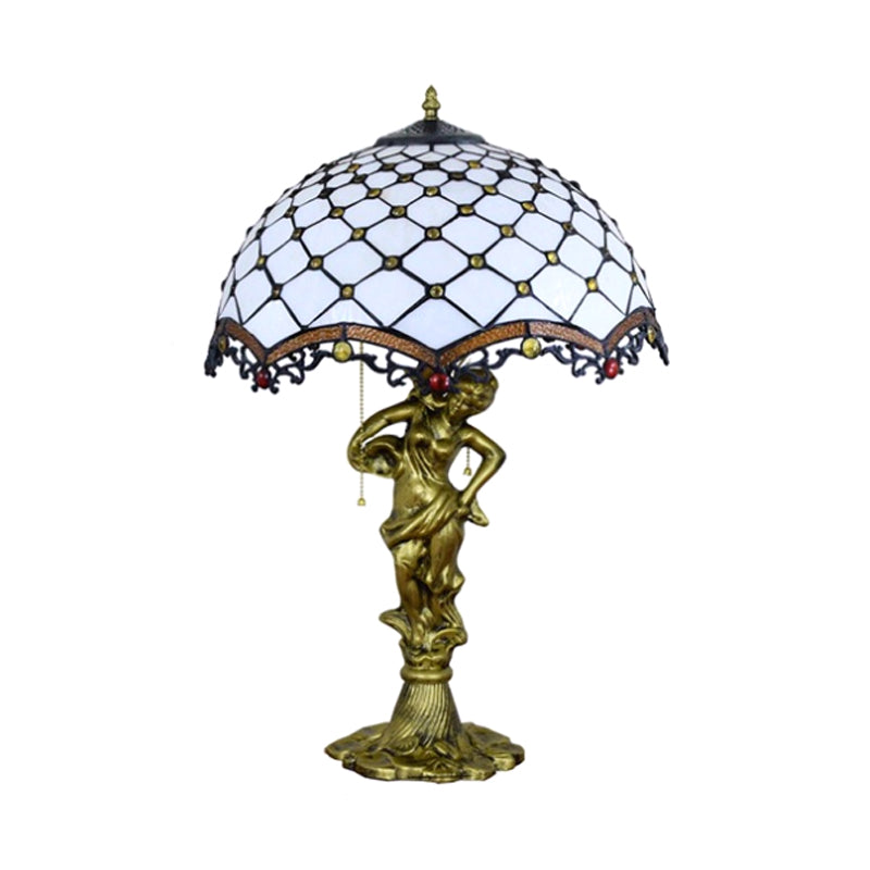 Scalloped-Trim Netting/Parrot Table Lamp Baroque Blue/White-Brown Glass 3 Lights Bronze Pull-Chain Night Light with Woman Sculpture