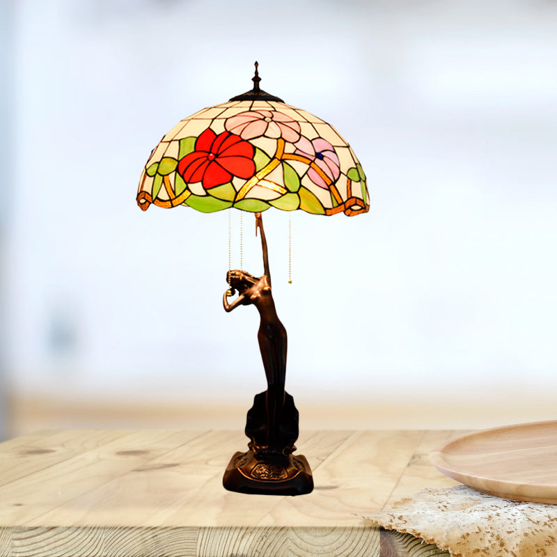 Flowering Stained Glass Table Lamp Tiffany-Style 3 Heads Red/Orange Pull-Chain Night Stand Light with Women Sculpture