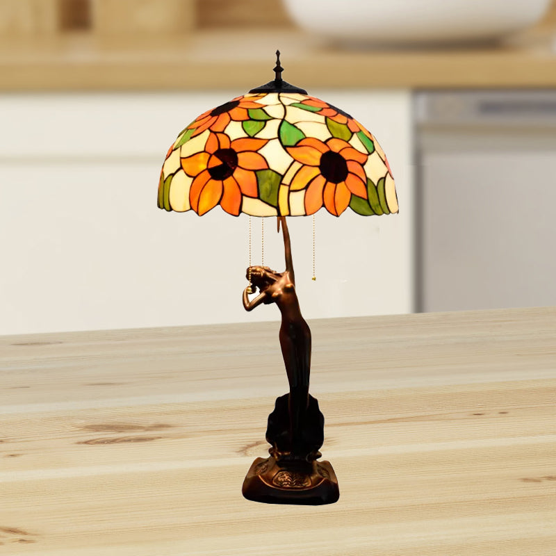 Flowering Stained Glass Table Lamp Tiffany-Style 3 Heads Red/Orange Pull-Chain Night Stand Light with Women Sculpture