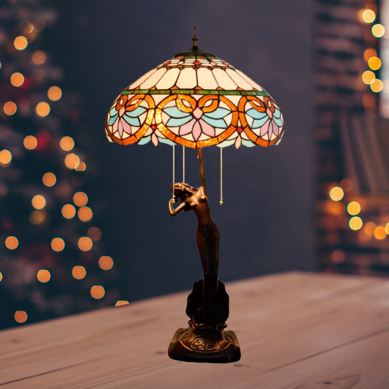 3-Head Nightstand Lamp Mediterranean Spikelet Beige/Teardrop-Edge Blue and White/Flower Blue and Brown Glass Table Light with Pulling Chain