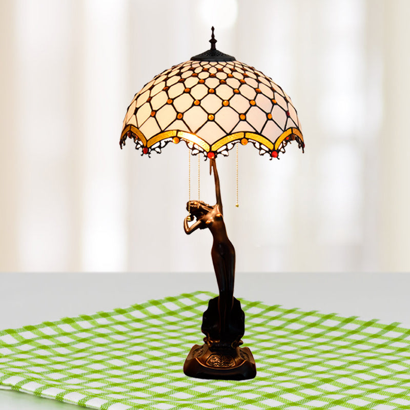 Resin Coffee Pull-Chain Night Stand Light Lady Statue 3-Light Tiffany Table Lamp with Parrot Blue-Brown/Trellis Yellow-White Glass Shade