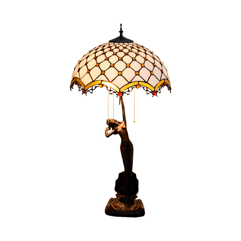 Resina Caffè Pullo-Chain Night Stand Light Lady Statue Lampada da tavolo Tiffany con pappagallo blu-marrone/trellis Giallo-nero in vetro bianco